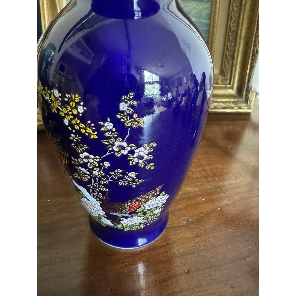Vintage Japanese Cobalt Blue Peacock Porcelain Vase & Lidded‎ Trinket Box Set